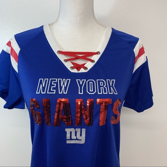 New York Giants Jersey Polo Woman Large Sequins Blue Red‎ Team Apparel Bling - Picture 1 of 10